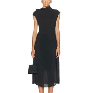 L'Academie Black Cap Sleeve Draped-Waist Midi Dress